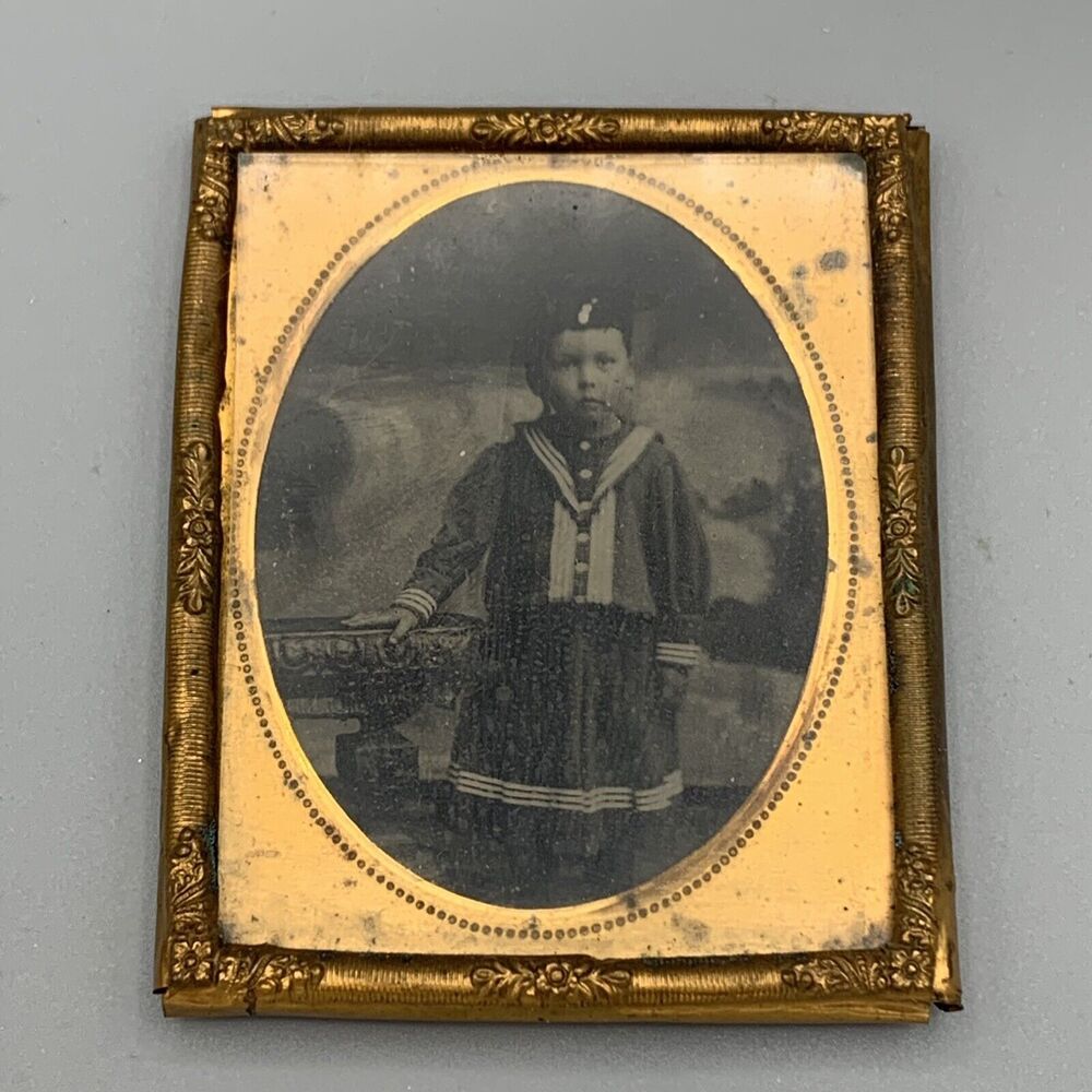 Antique Ornate Framed Tintype Photograph Portrait Young Girl Sailor Outfit